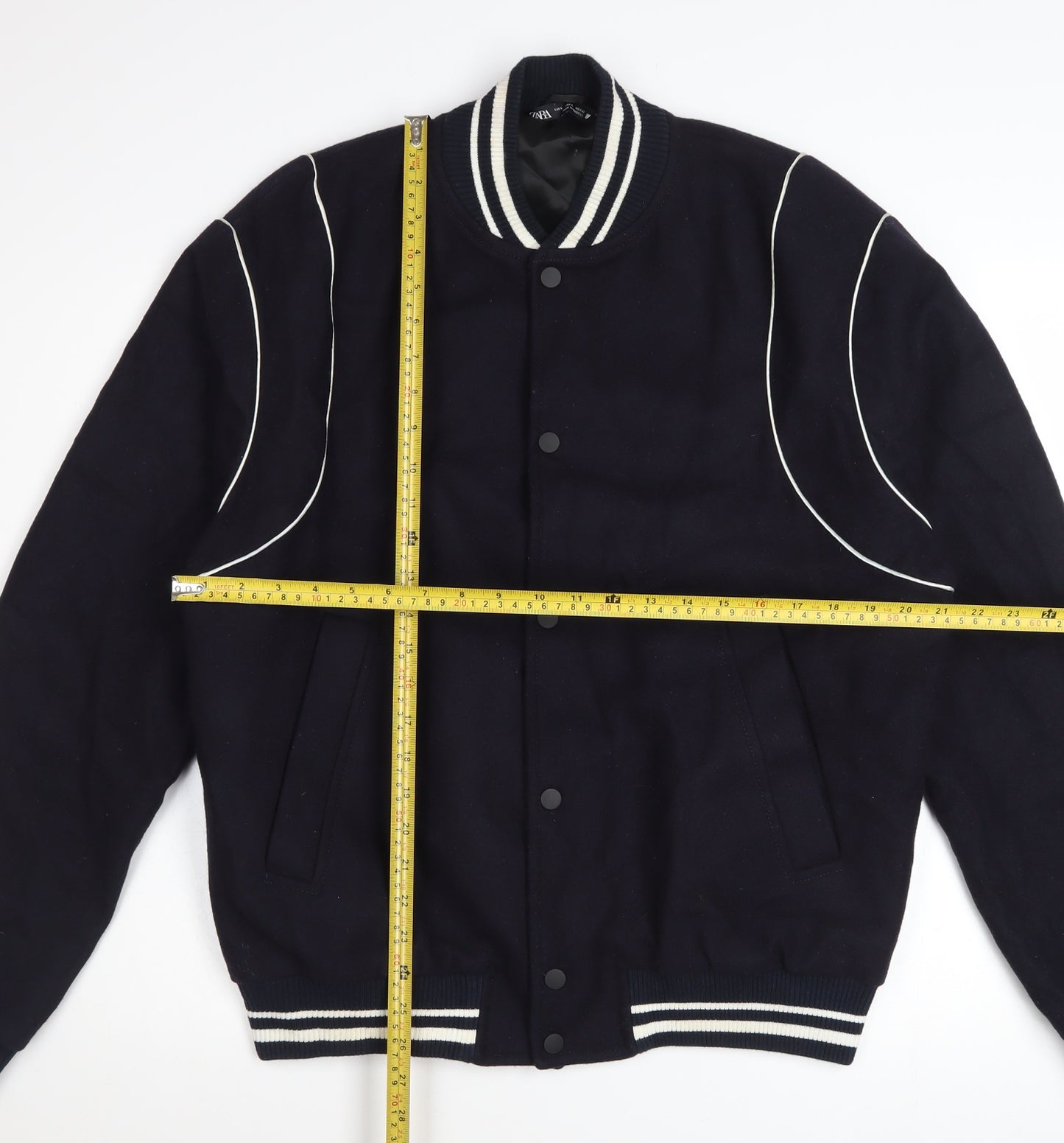 Zara Men's Blue Wool Varsity Jacket Size L Short Retro Style