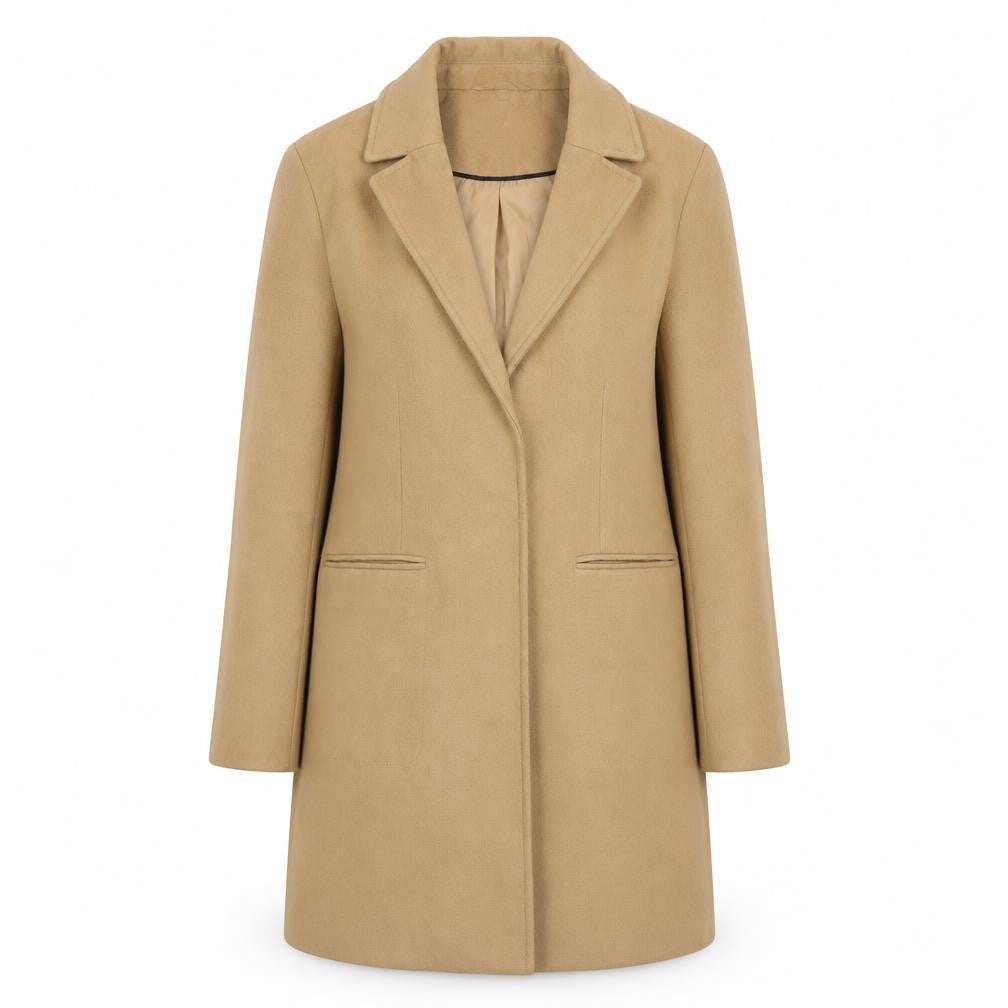 Front view of Topshop Women's Beige Mid-Length Overcoat, size 8, Classic Style