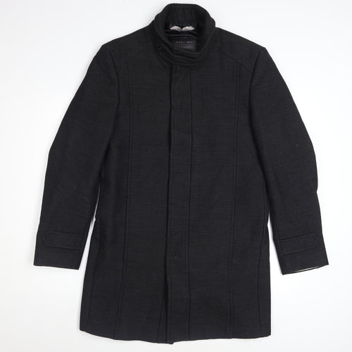 Zara Man Black Wool Blend Stand Collar Men's Overcoat Size M 40in
