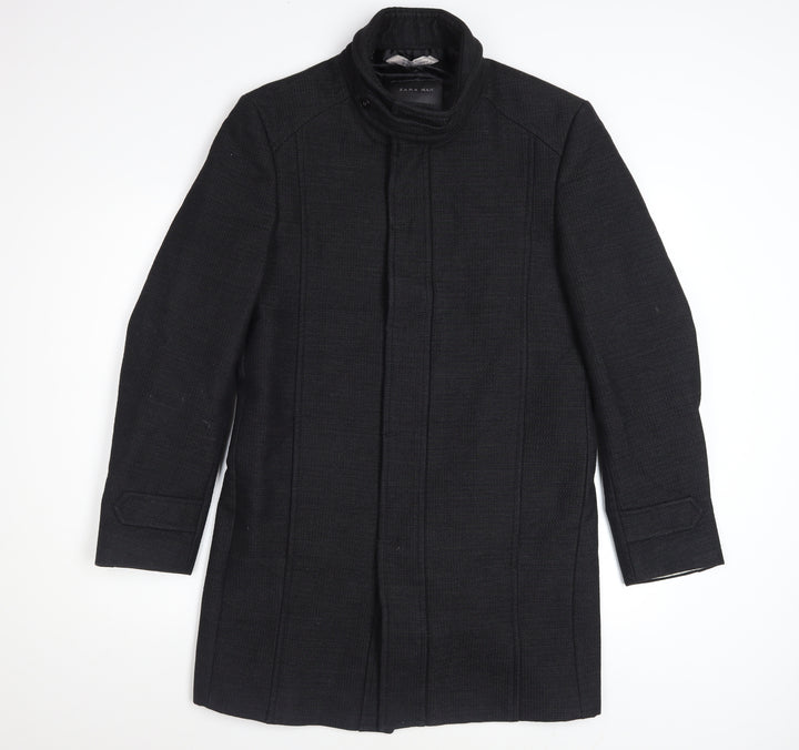 Zara Man Black Wool Blend Stand Collar Men's Overcoat Size M 40in