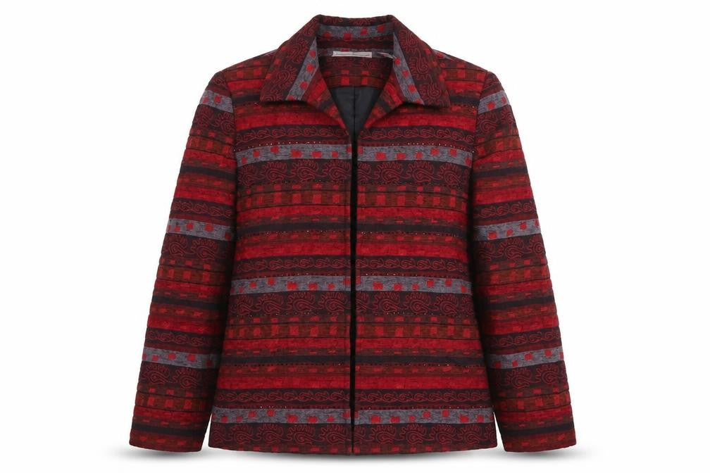 Front view of Alfred Dunner Women's Red Geometric Cotton Blend Jacket, size 12