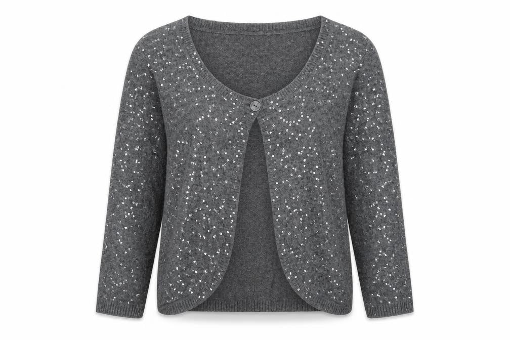 Front view of Marks & Spencer Per Una Grey Sequin Knit Women's, size 12, Cardigan