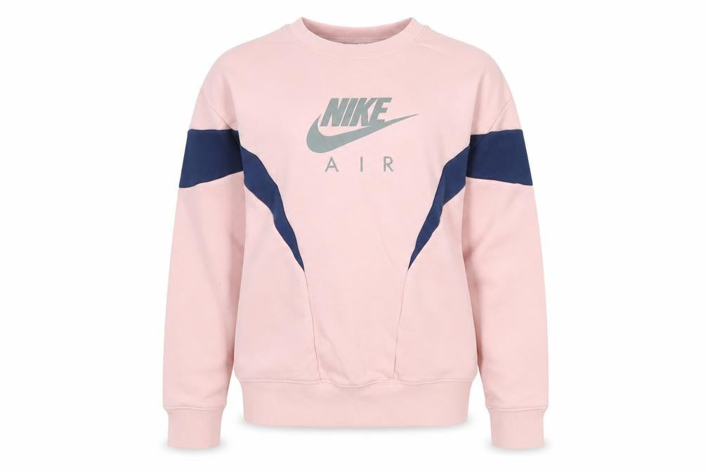 Front view of Nike girls’ pink & navy crew neck pullover sweatshirt m 137-146cm
