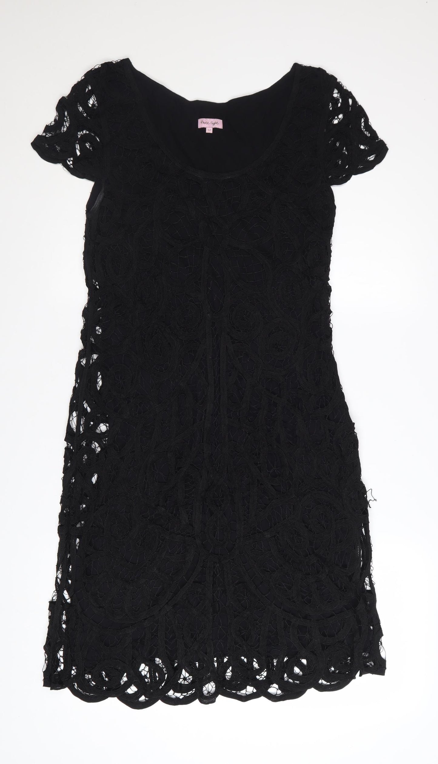 Phase Eight Women Black Lace Shift Dress Size 12 Short Sleeve Formal