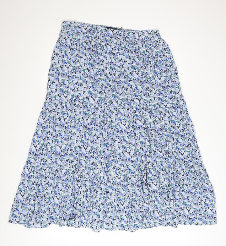 Crew Clothing Women Blue Floral Cotton Midi A-Line Skirt Size 12
