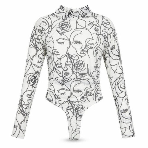 PrettyLittleThing Women White Black Abstract Face Mesh Bodysuit UK 8