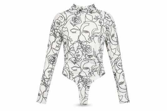 PrettyLittleThing Women White Black Abstract Face Mesh Bodysuit UK 8