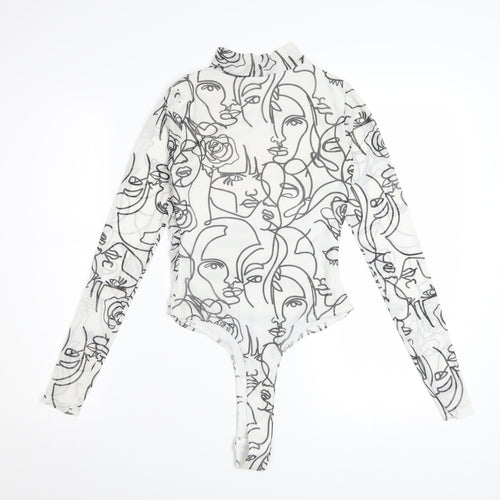 PrettyLittleThing Women White Black Abstract Face Mesh Bodysuit UK 8