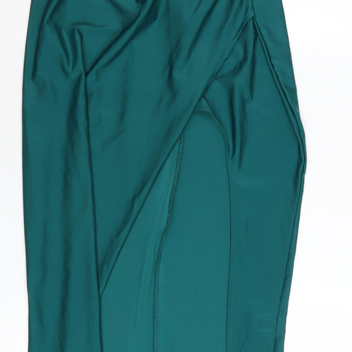 FAERIESTY Women’s Green Satin Cowl Neck Ruched Slip Dress Size S