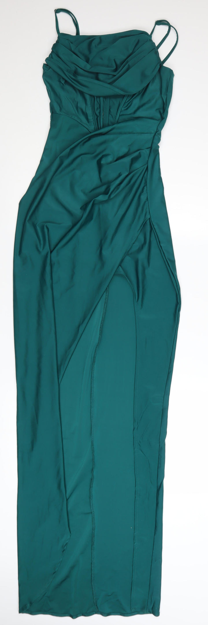 FAERIESTY Women’s Green Satin Cowl Neck Ruched Slip Dress Size S