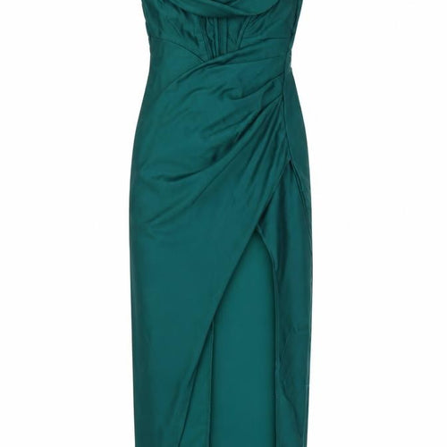FAERIESTY Women’s Green Satin Cowl Neck Ruched Slip Dress Size S