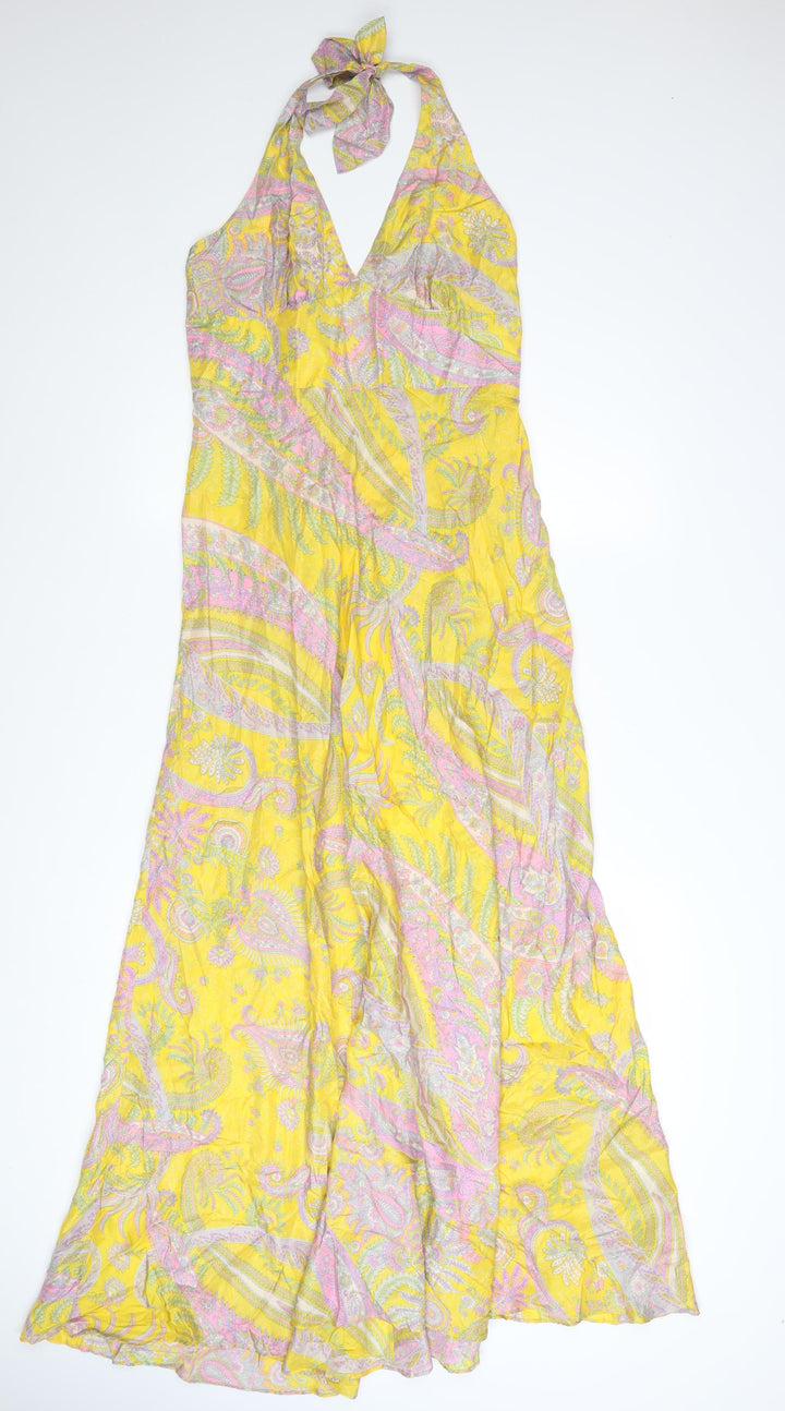 Warehouse Women’s Yellow Silk Paisley Halter Maxi Dress UK 12