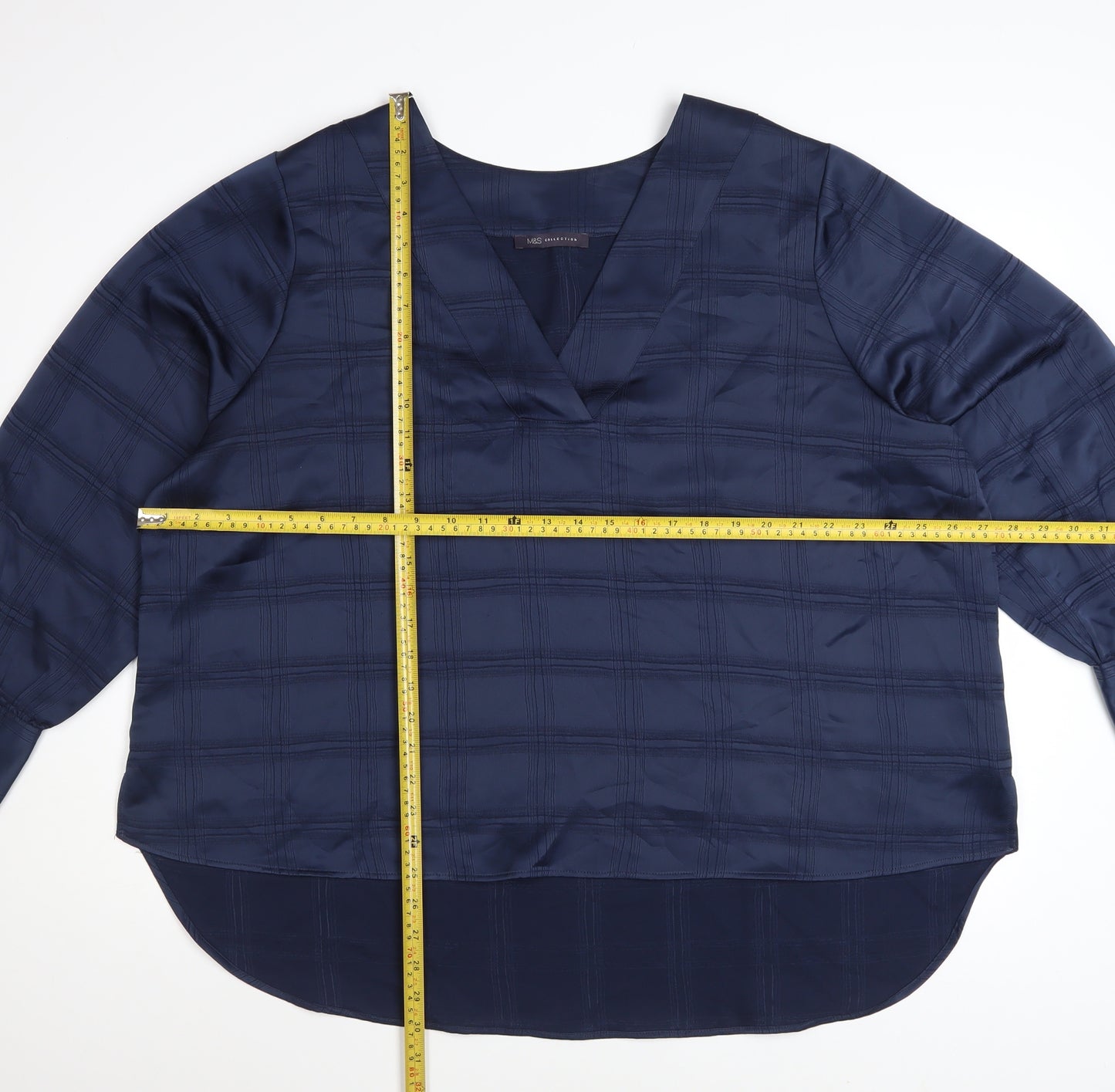 Marks and Spencer Women Blue Plus Size 24 V-Neck Long Sleeve Blouse