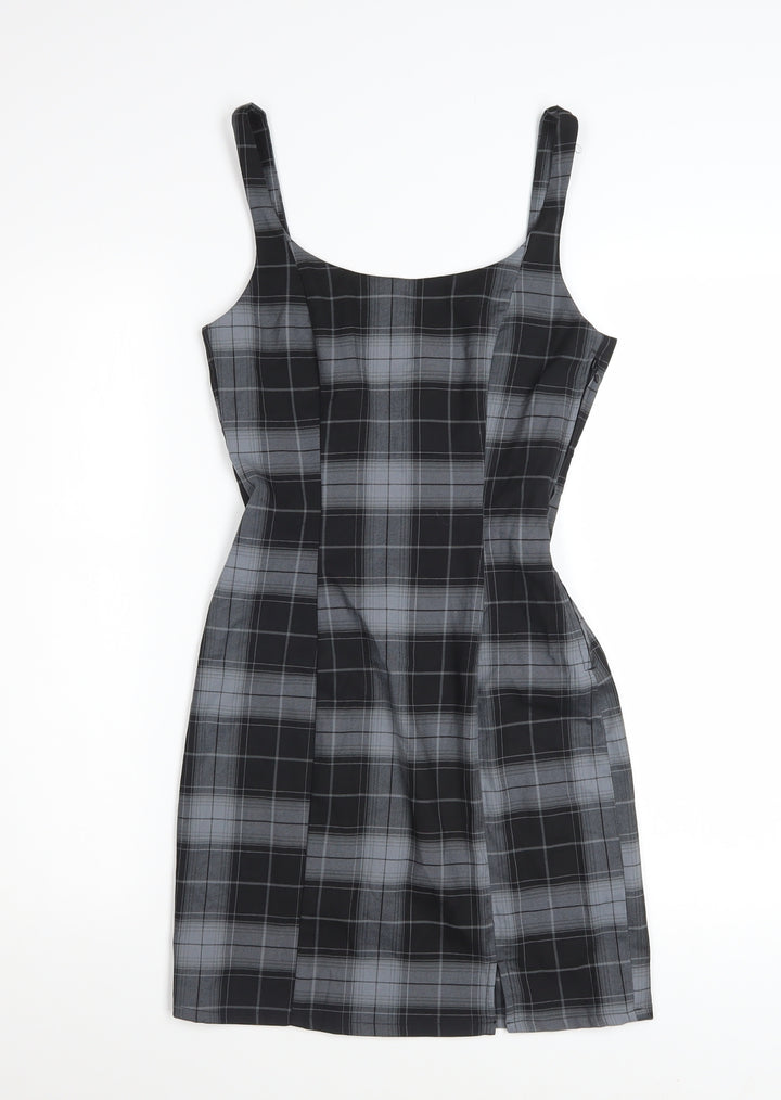 H&M Women’s Grey Check Bodycon Dress Size 6 Sleeveless Stretchy Short