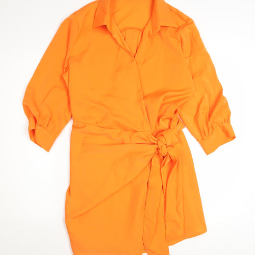 AX Paris Women's Orange Wrap Dress Size 12 3/4 Sleeve Collared Belted