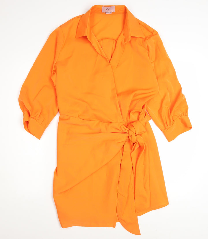AX Paris Women's Orange Wrap Dress Size 12 3/4 Sleeve Collared Belted
