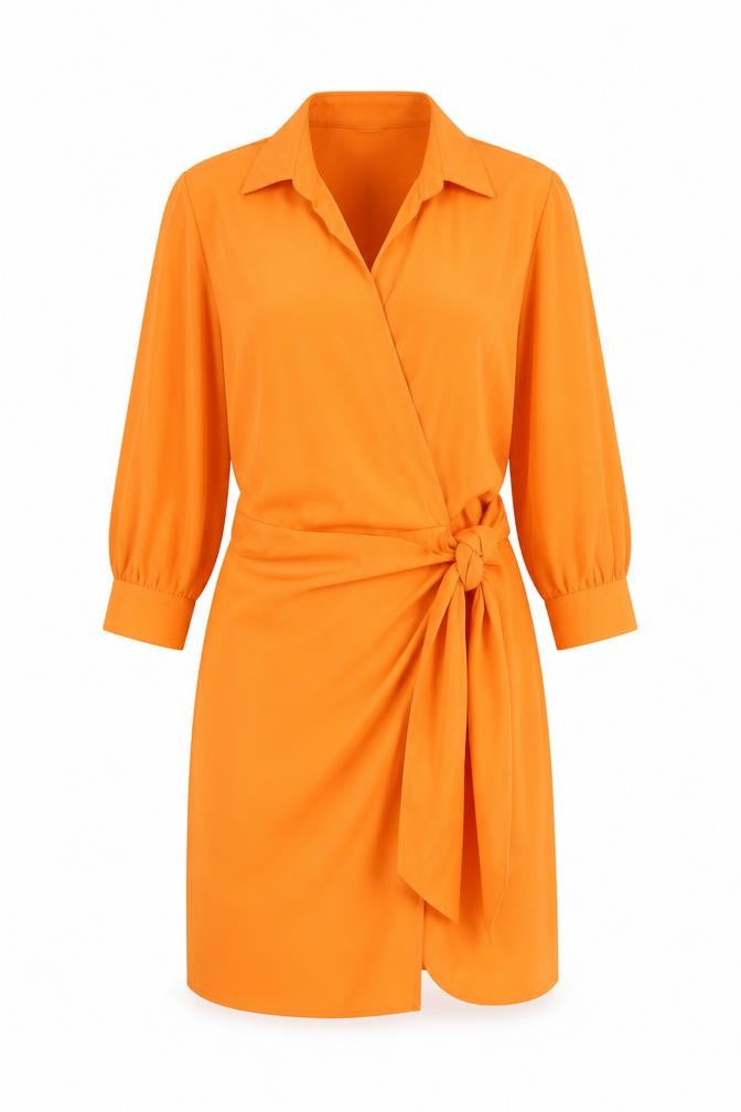 AX Paris Women's Orange Wrap Dress Size 12 3/4 Sleeve Collared Belted