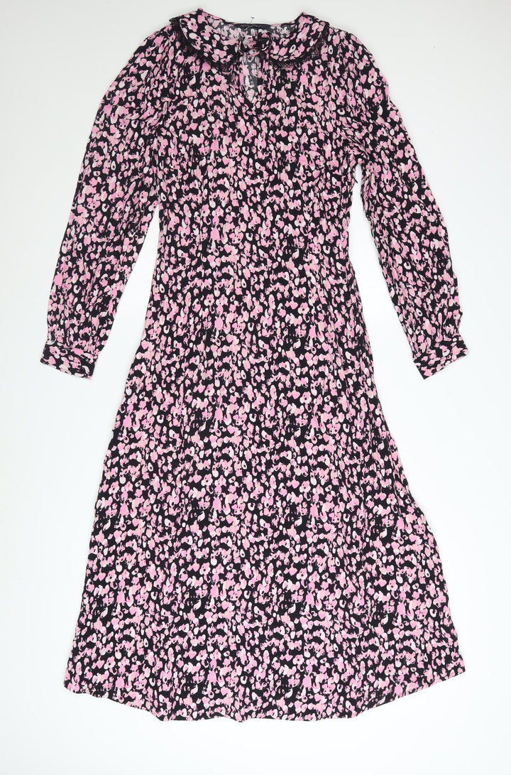 Marks and Spencer Women's Pink Floral Midi A-Line Dress Size 8