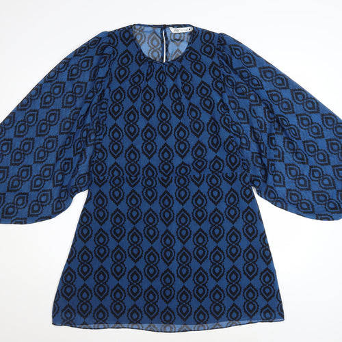 Zara Women Blue Geometric Shift Dress XL Balloon Sleeve Boho Style