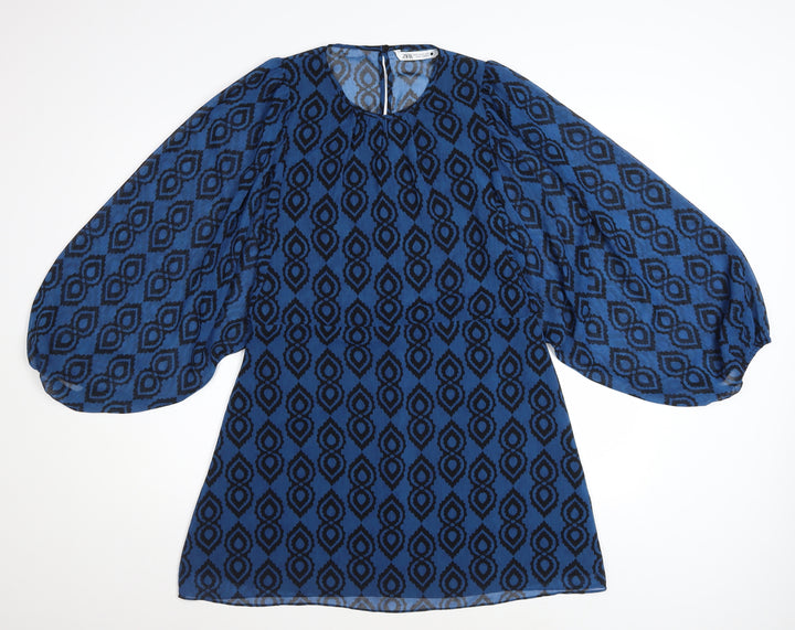 Zara Women Blue Geometric Shift Dress XL Balloon Sleeve Boho Style