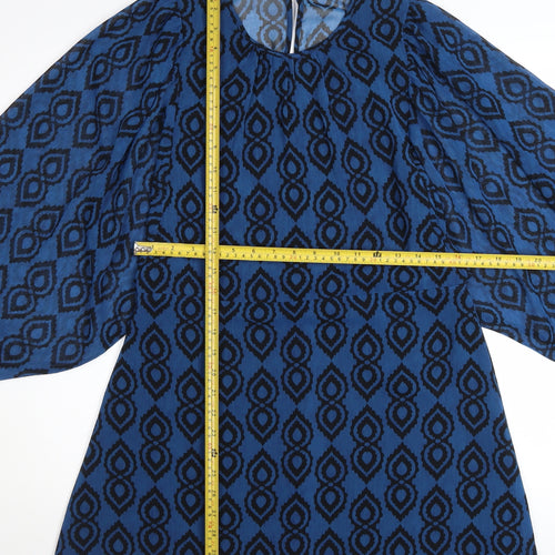 Zara Women Blue Geometric Shift Dress XL Balloon Sleeve Boho Style