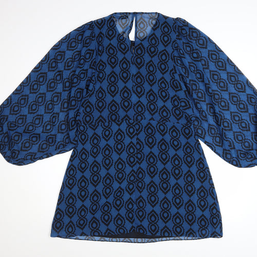 Zara Women Blue Geometric Shift Dress XL Balloon Sleeve Boho Style