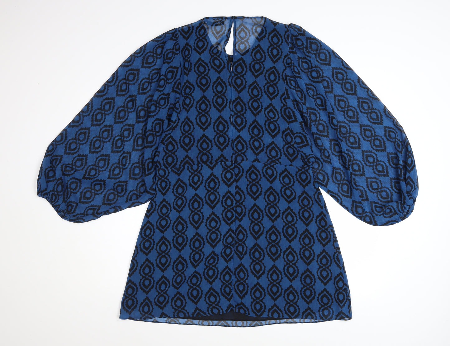 Zara Women Blue Geometric Shift Dress XL Balloon Sleeve Boho Style