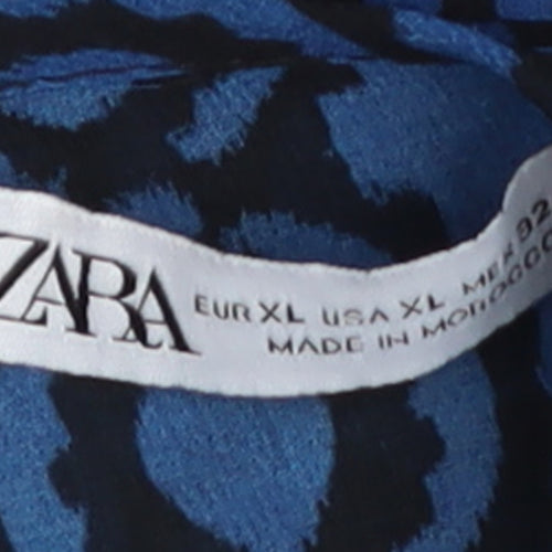 Zara Women Blue Geometric Shift Dress XL Balloon Sleeve Boho Style
