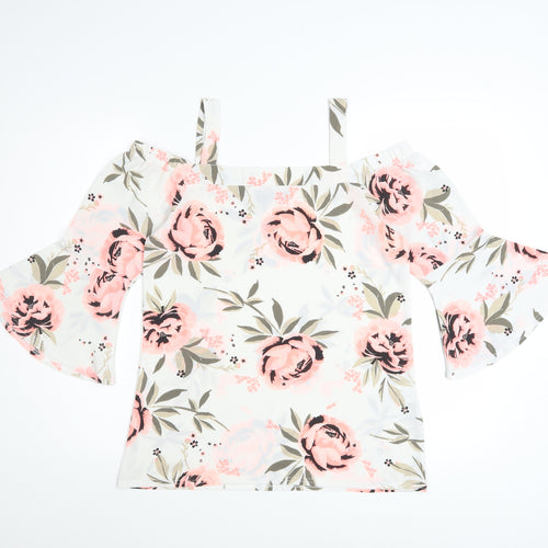 Quiz Women's White Floral Off Shoulder Bell Sleeve Blouse Size 10