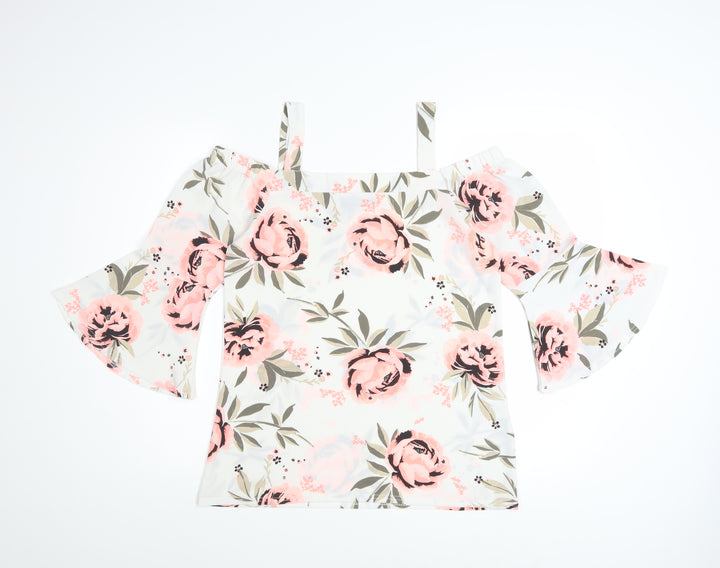Quiz Women's White Floral Off Shoulder Bell Sleeve Blouse Size 10