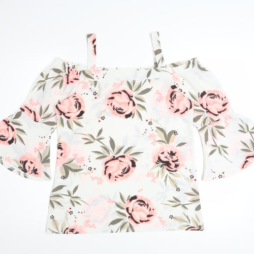 Quiz Women's White Floral Off Shoulder Bell Sleeve Blouse Size 10