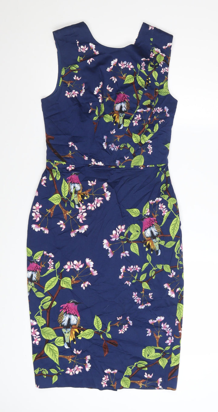 Oasis Women's Blue Floral Bird Sheath Dress Size 8