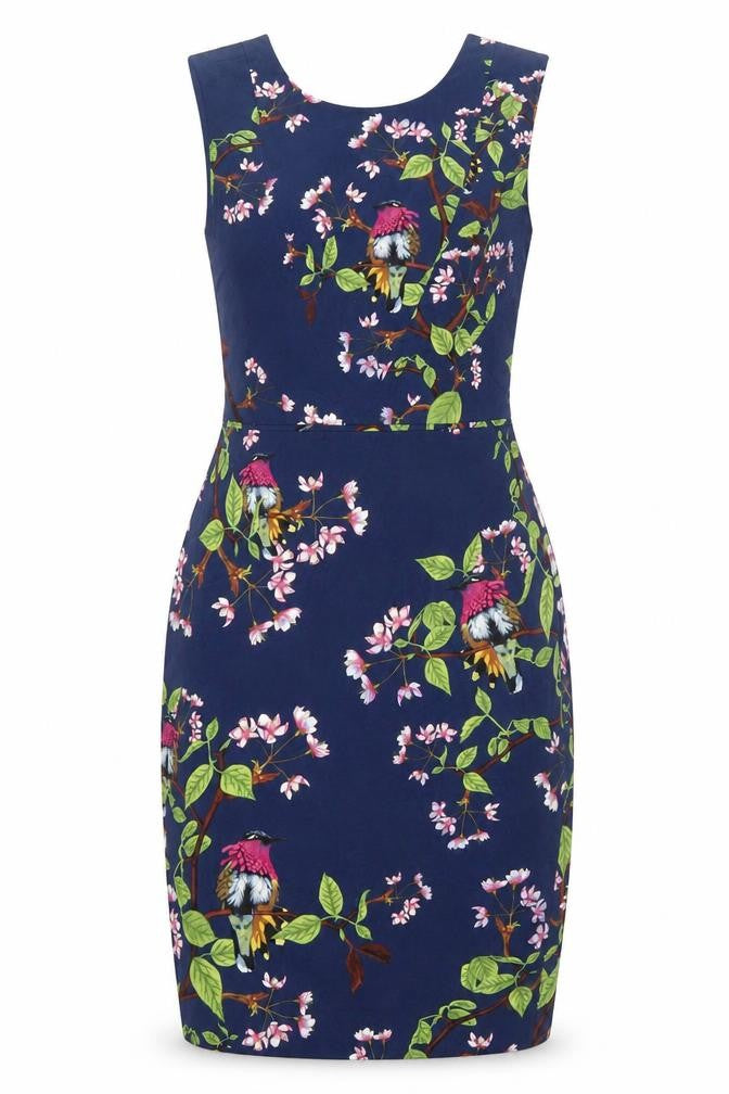 Front view of Oasis Women's Blue Floral Bird Sheath Dress, size 8