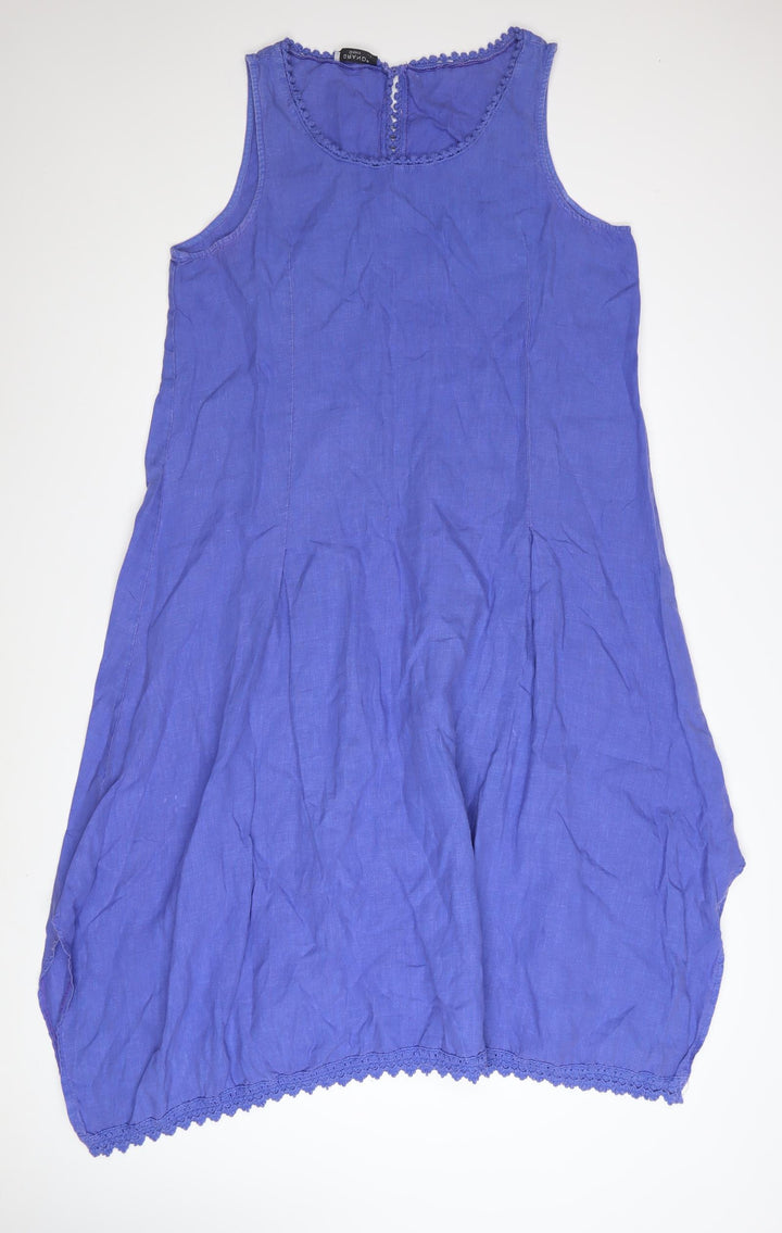 GRAND Women Blue Linen Shift Dress Size 14 Sleeveless Summer Casual