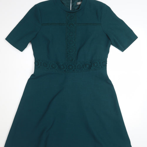 Oasis Women Green Size 14 A-Line High Neck Lace Knee Dress