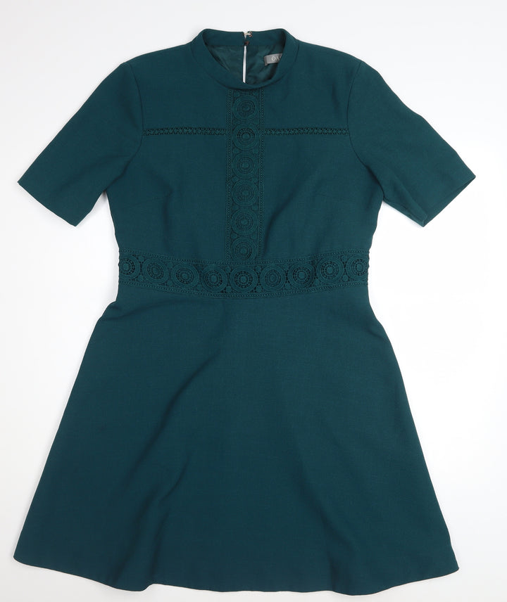 Oasis Women Green Size 14 A-Line High Neck Lace Knee Dress