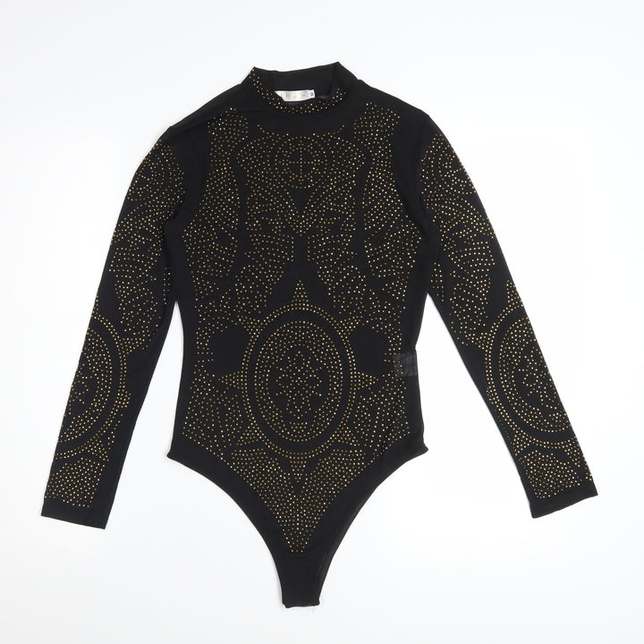 Lajoly & Co Women Black Gold Studded Long Sleeve Bodysuit M