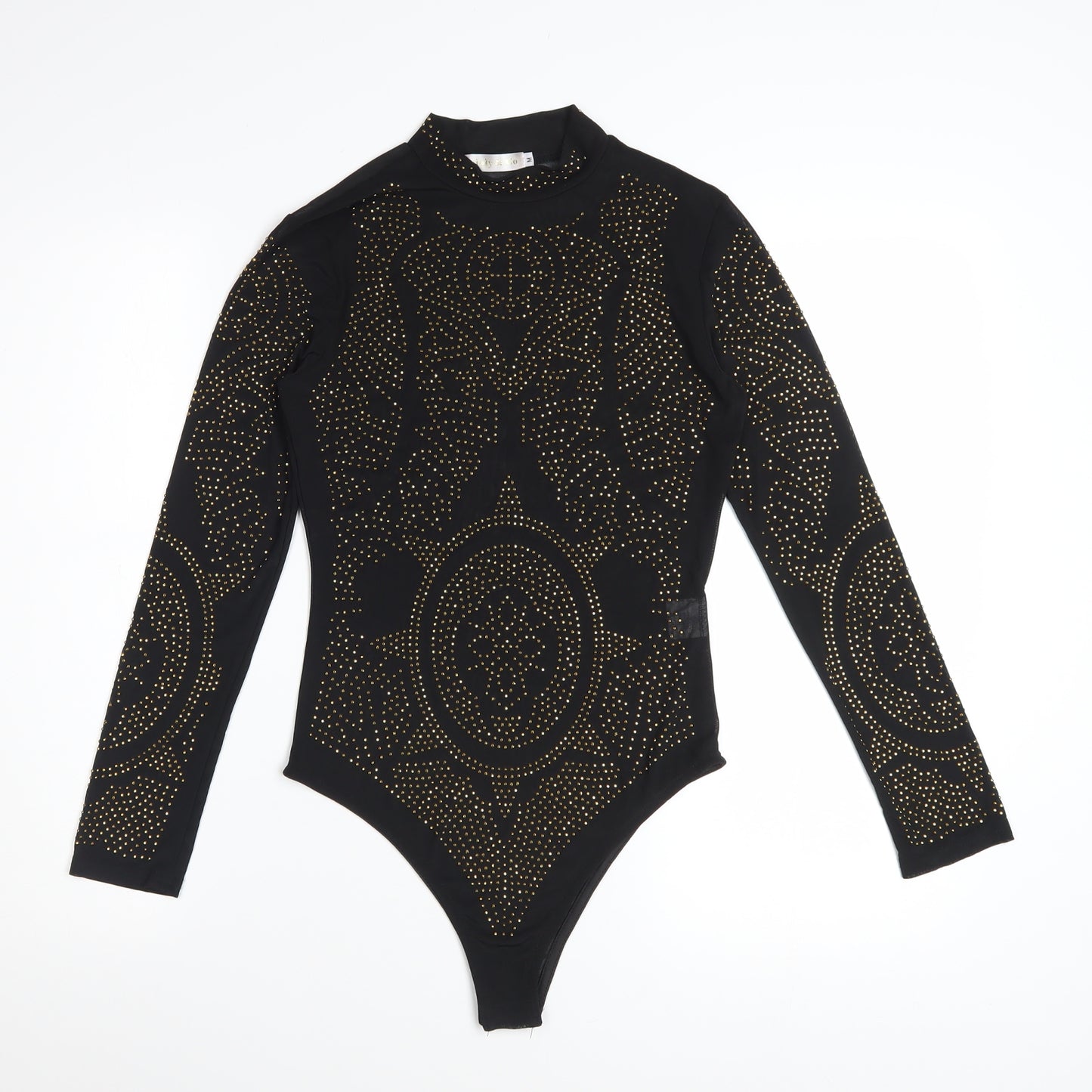 Lajoly & Co Women Black Gold Studded Long Sleeve Bodysuit M