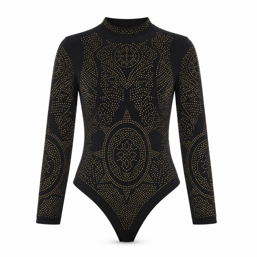 Front view of Lajoly & Co Women Black Gold Studded Long Sleeve Bodysuit M