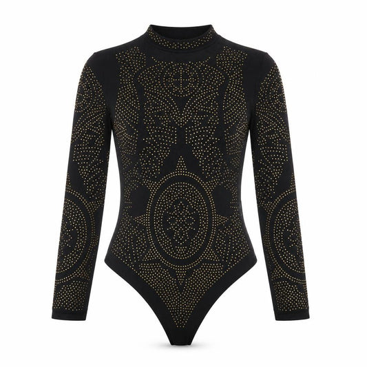 Lajoly & Co Women Black Gold Studded Long Sleeve Bodysuit M