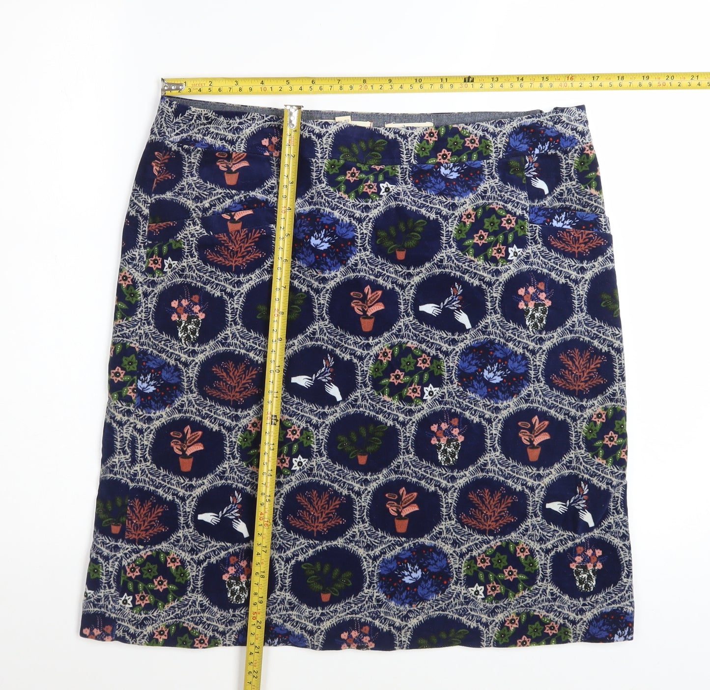 White Stuff Women's Blue Floral Cotton Stretch Pencil Skirt UK 12