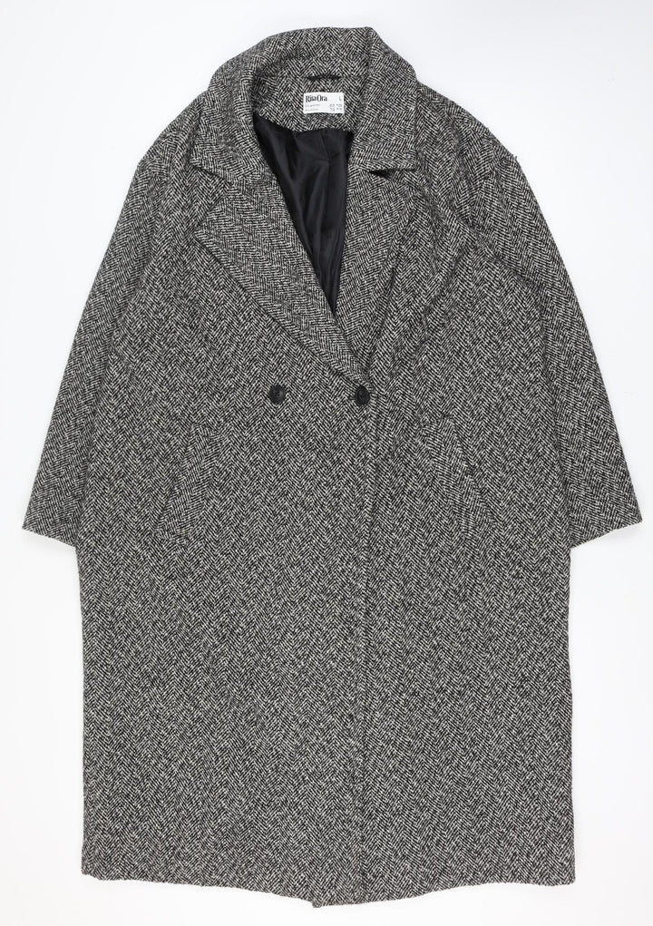 Primark Rita Ora Women Grey Herringbone Long Tweed Overcoat Size L 14-16