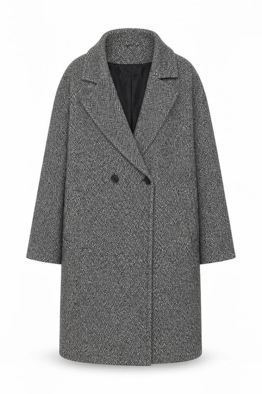 Front view of Primark Rita Ora Women Grey Herringbone Long Tweed Overcoat, size L, 14-16