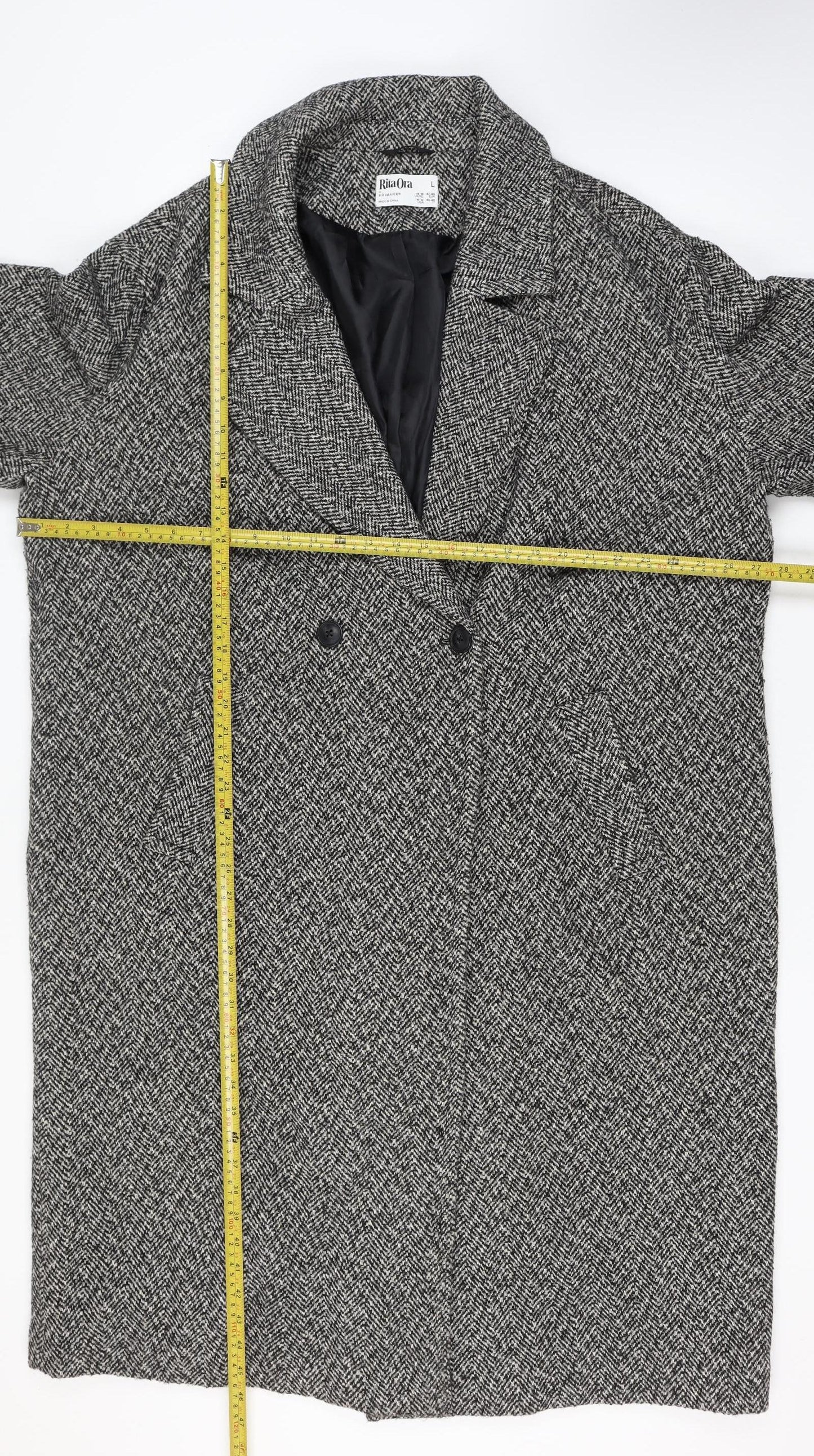 Primark Rita Ora Women Grey Herringbone Long Tweed Overcoat Size L 14-16