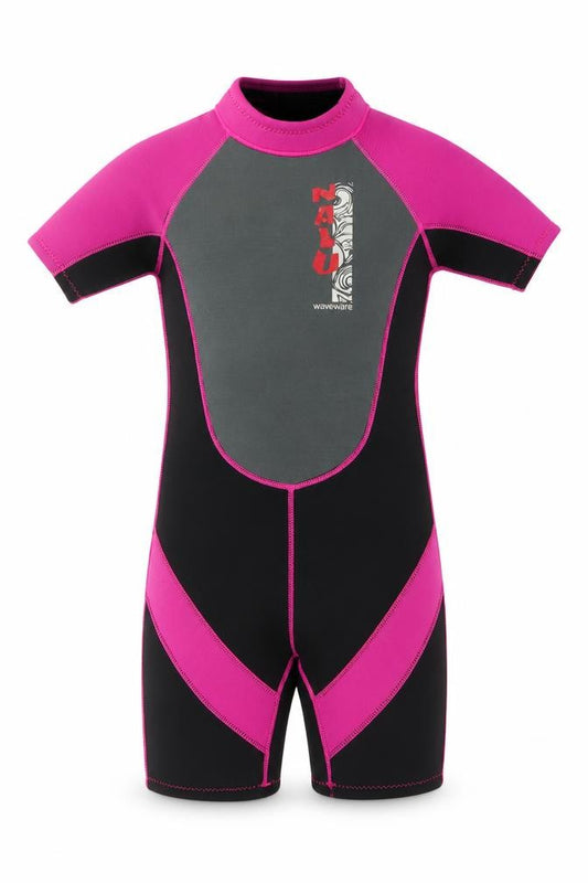 Front view of Nalu Waveware girls’ pink & black short sleeve wetsuit 13-14 years