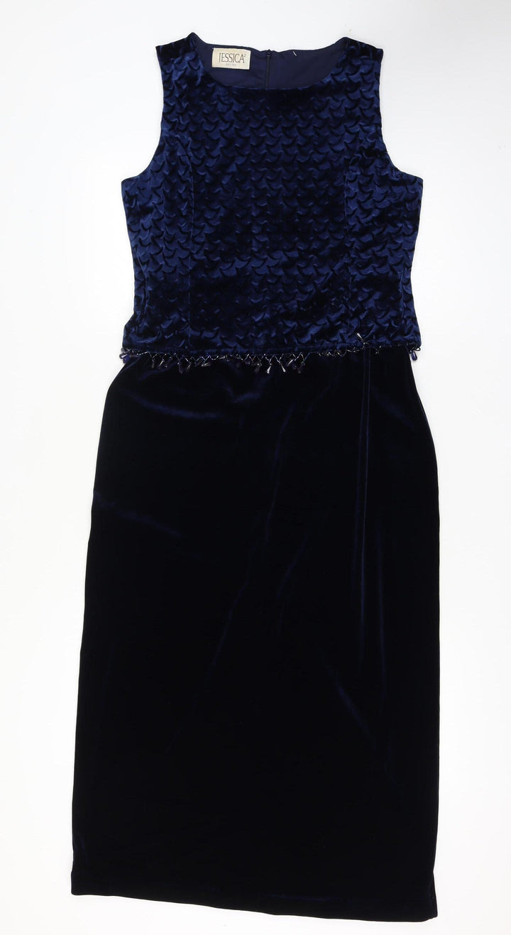 Jessica Petites Blue Velvet Beaded Sleeveless Knee Length Sheath Dress Size 16