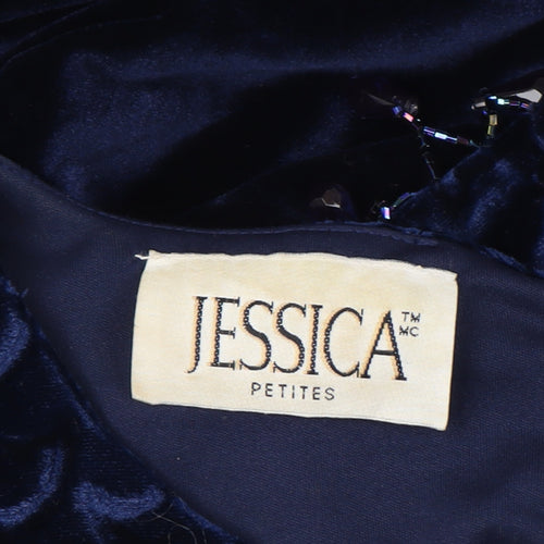 Jessica Petites Blue Velvet Beaded Sleeveless Knee Length Sheath Dress Size 16
