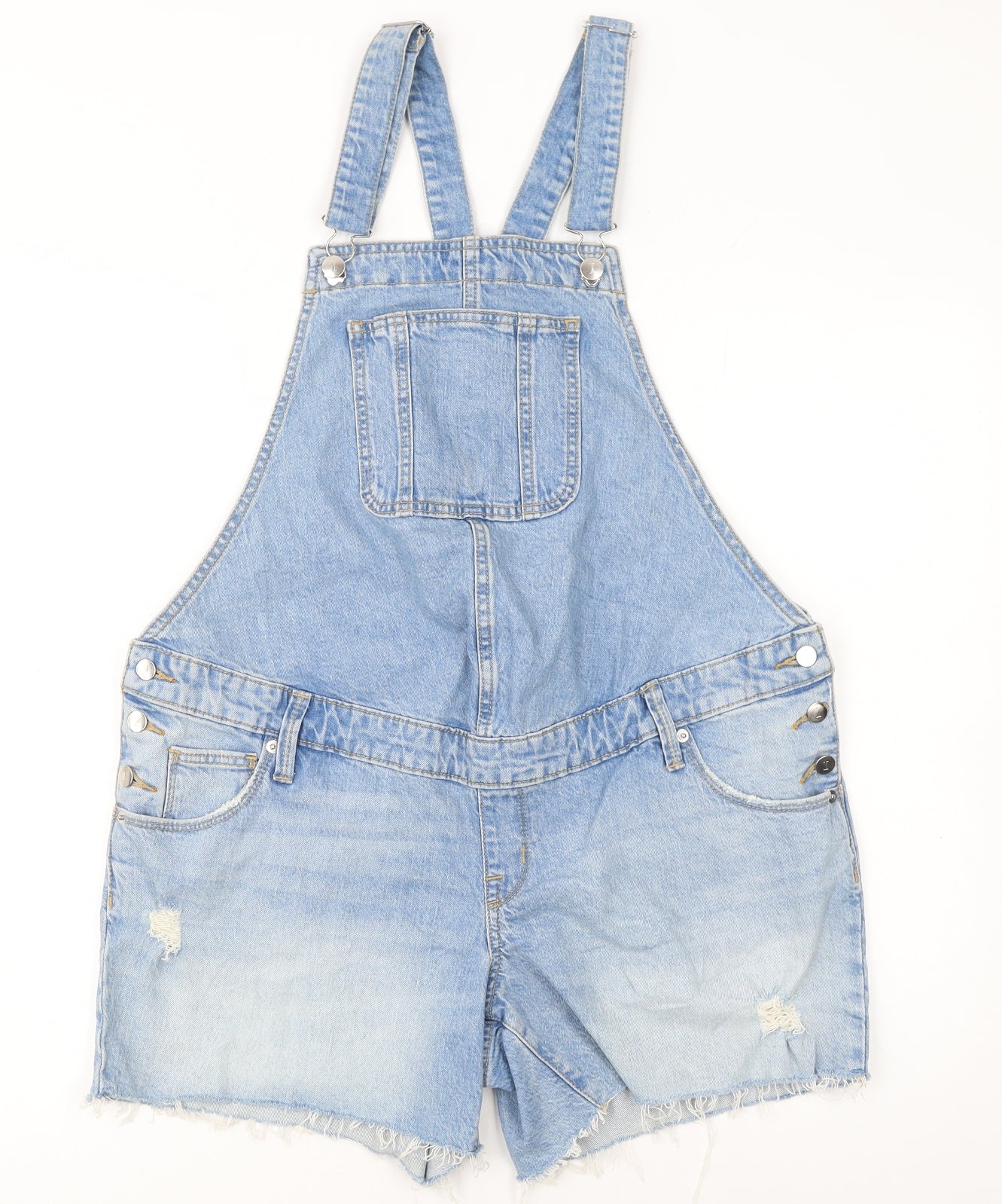 Isabel Maternity Blue Denim Distressed Dungaree Shorts Women’s Size 8