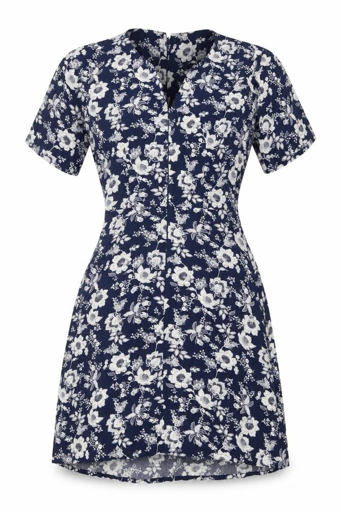Front view of Warehouse Women's Blue Floral Wrap Short Dress, size 6