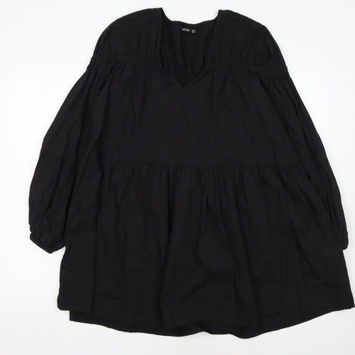 Boohoo Womens Black Cotton Smock V-Neck Long Sleeve Short Dress Size 12